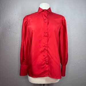 Vintage 80's Women's Large Red button up blouse wide button cuffs Retro Teacher